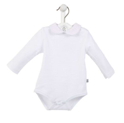 Baby Girls White Vestee With Pink & White Peter Pan Collar - Nana B Baby & Childrenswear Boutique
