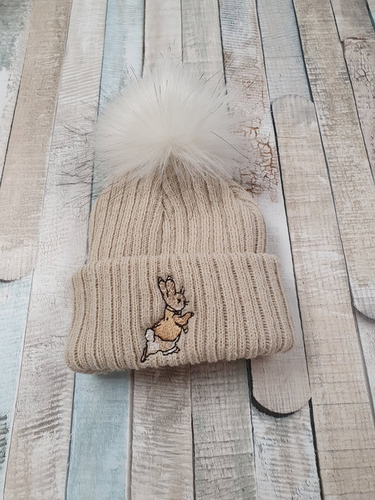 Baby Unisex Knitted Beige Single Fluffy Pom Rabbit Hat - Nana B Baby & Childrenswear Boutique