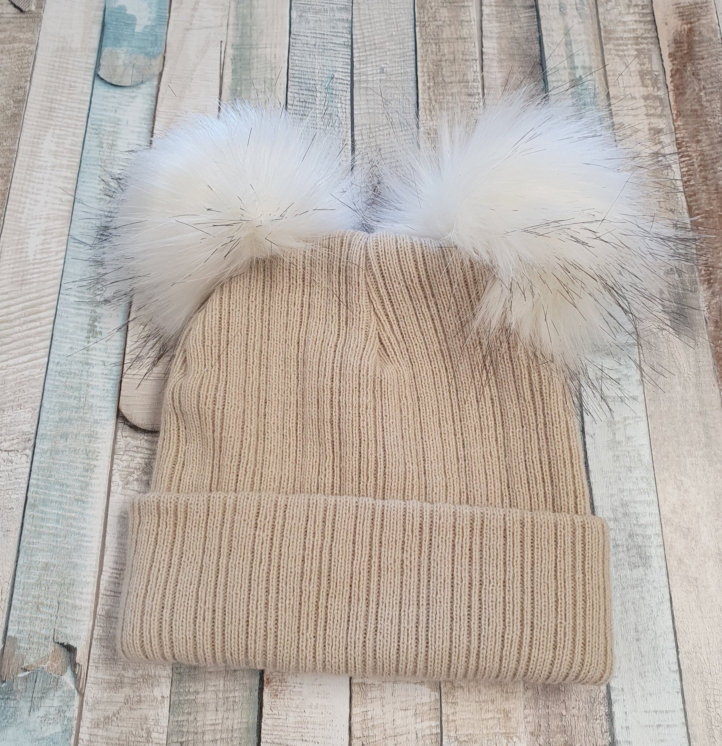 Beige Knitted Double Faux Fur Fluffy Pom Pom Hat - Nana B Baby & Childrenswear Boutique