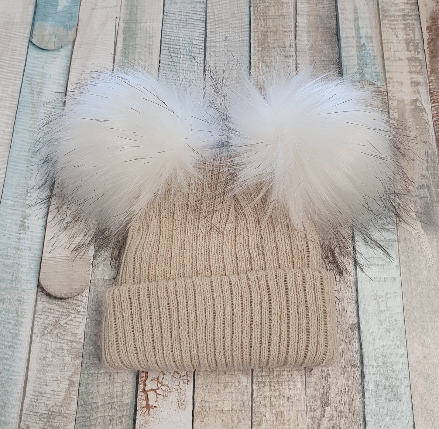 Beige Knitted Double Faux Fur Fluffy Pom Pom Hat - Nana B Baby & Childrenswear Boutique