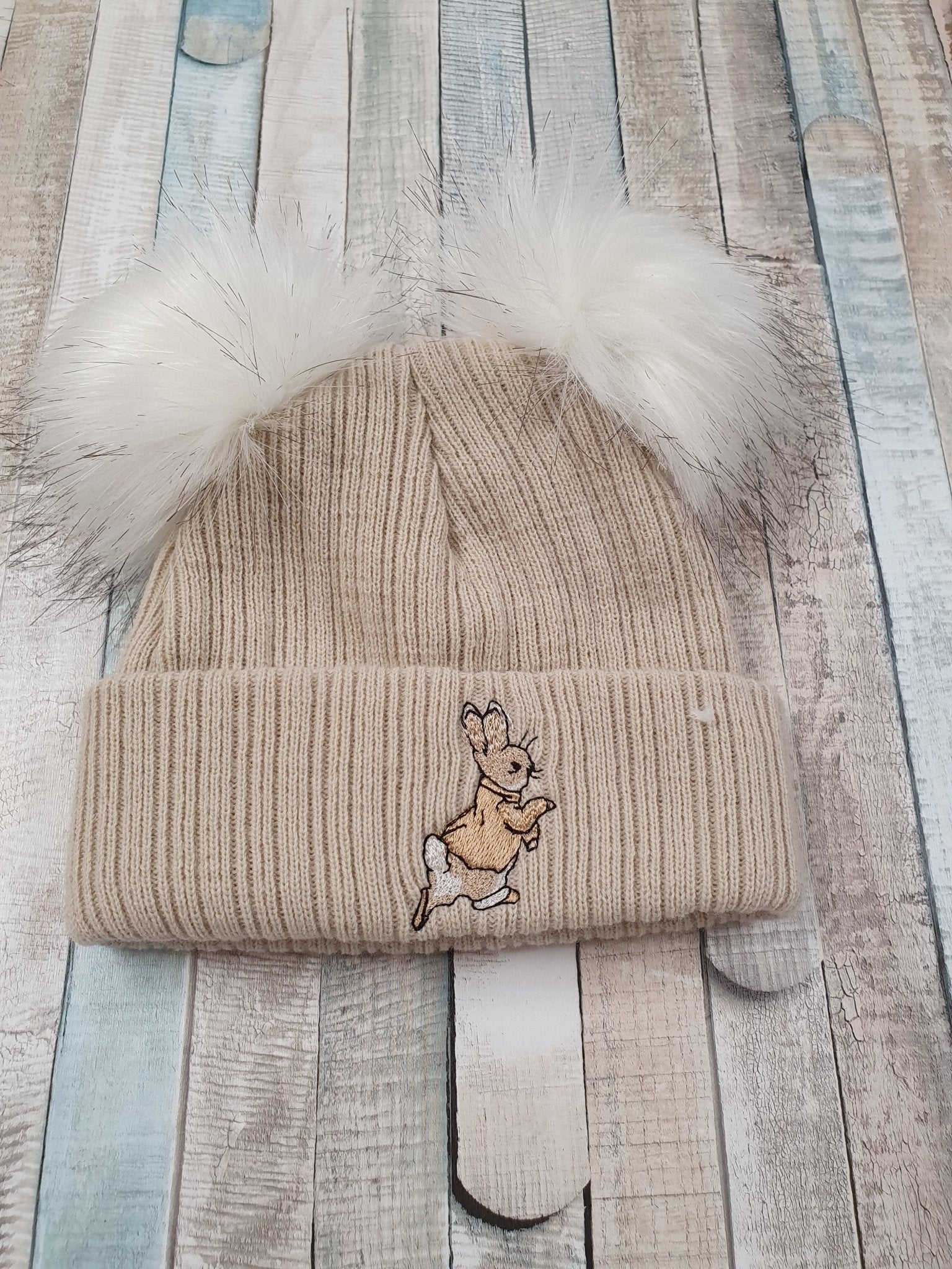Beige Knitted Rabbit Hat With Double Faux Fur Fluffy Pom - Nana B Baby & Childrenswear Boutique