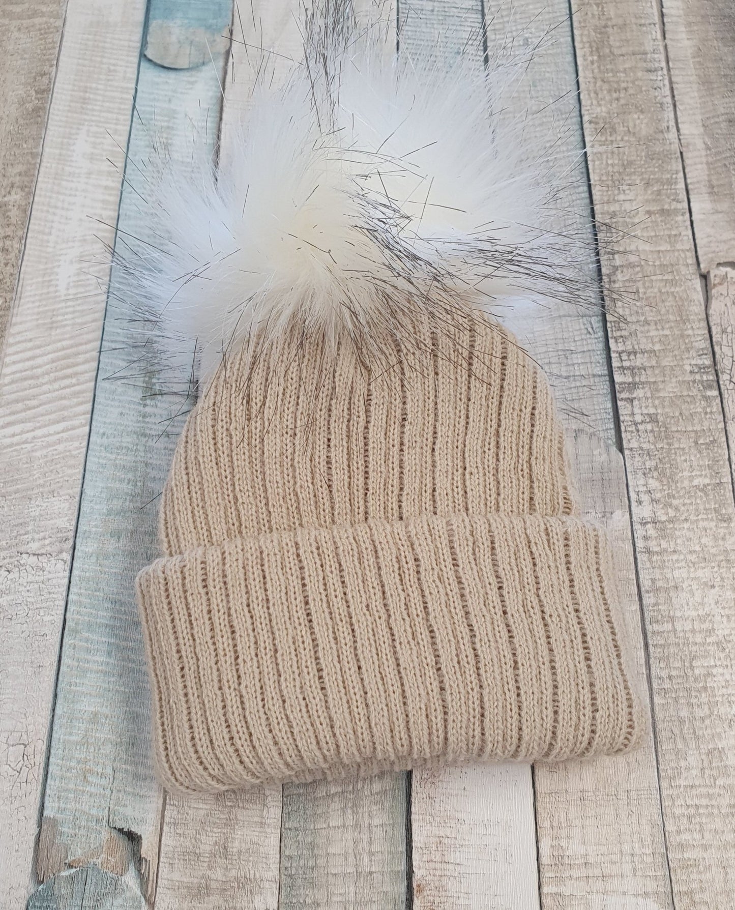 Beige Knitted Single Faux Fur Fluffy Pom Pom Hat - Nana B Baby & Childrenswear Boutique