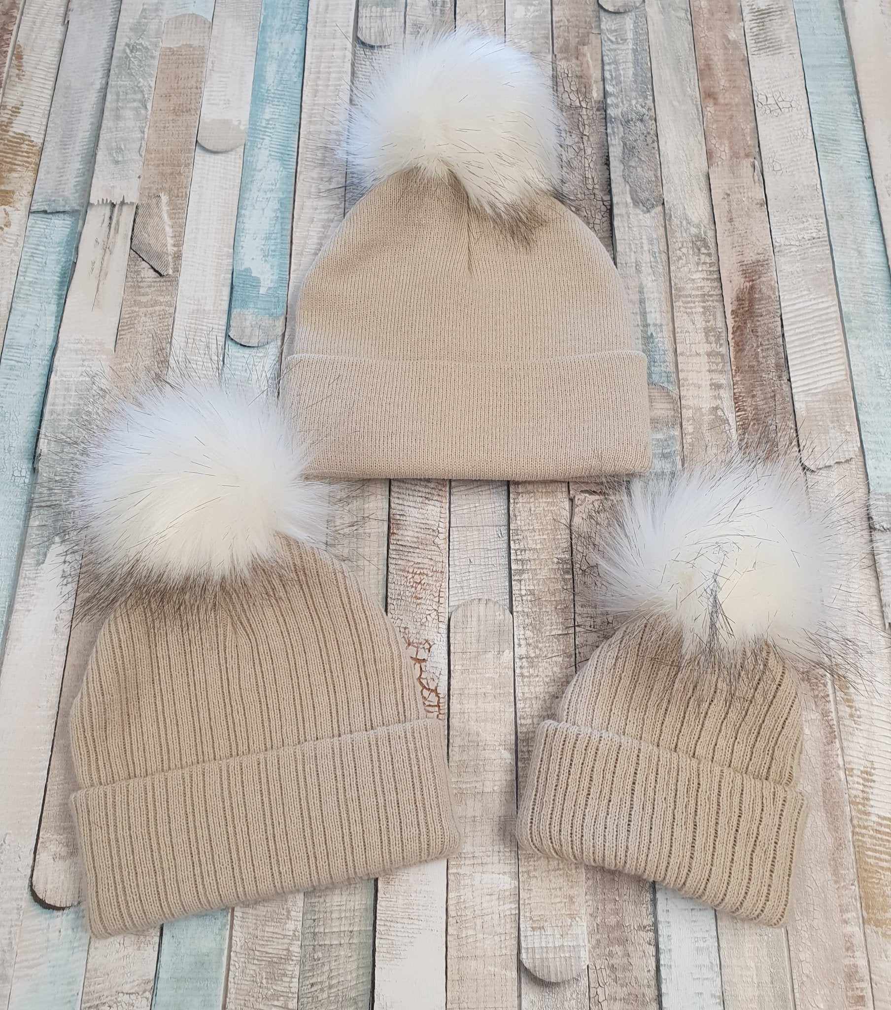 Beige Knitted Single Faux Fur Fluffy Pom Pom Hat - Nana B Baby & Childrenswear Boutique