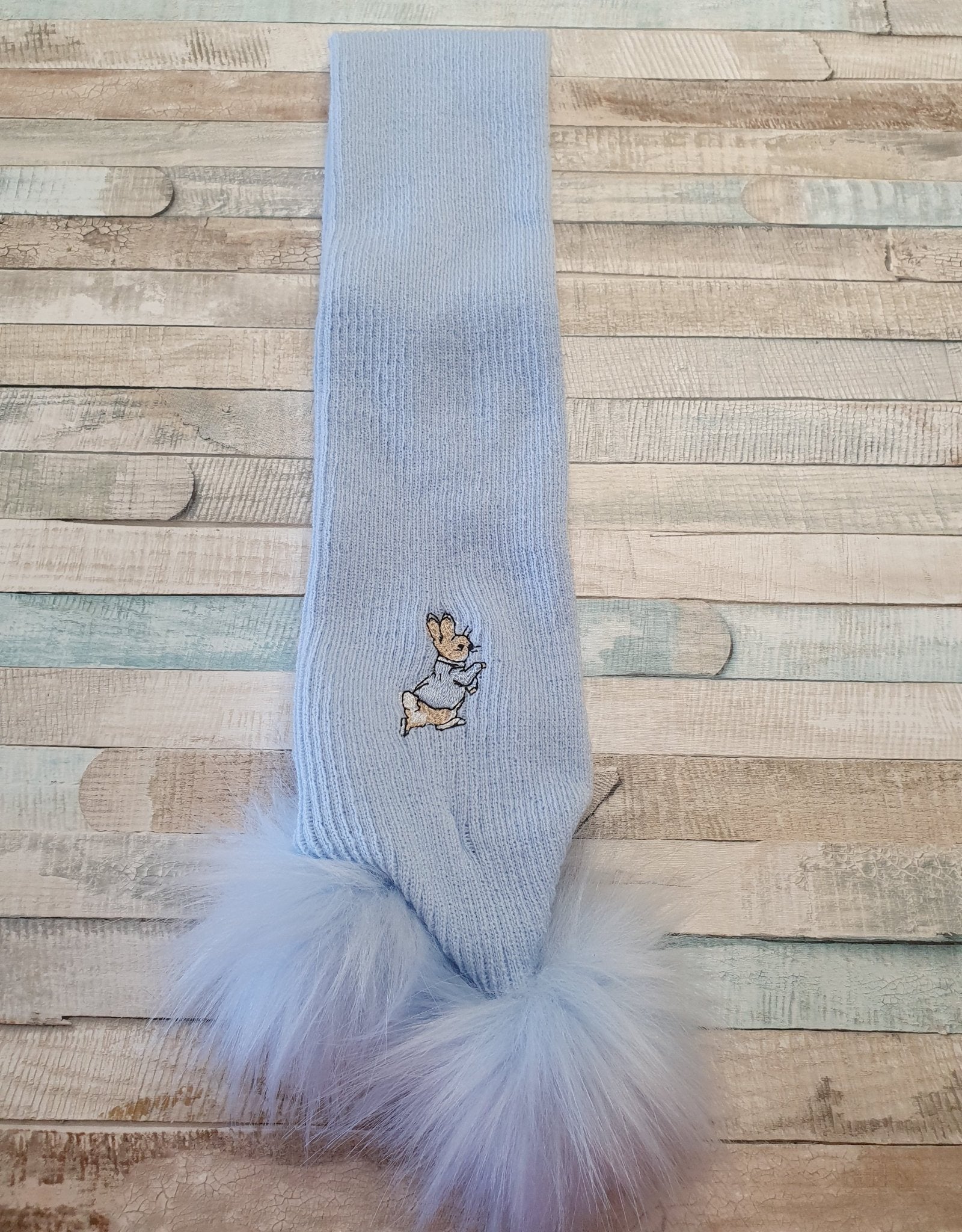 Blue Knitted Rabbit Scarf With Blue Fluffy Faux Fur Pom Pom - Nana B Baby & Childrenswear Boutique