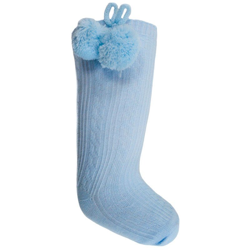 Blue Ribbed Knee Length Pom Pom Socks - Nana B Baby & Childrenswear Boutique