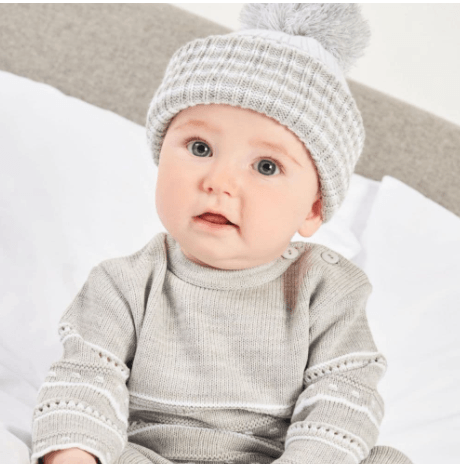 Dandelion White & Grey Rib Hat With Wool Pom Pom - Nana B Baby & Childrenswear Boutique