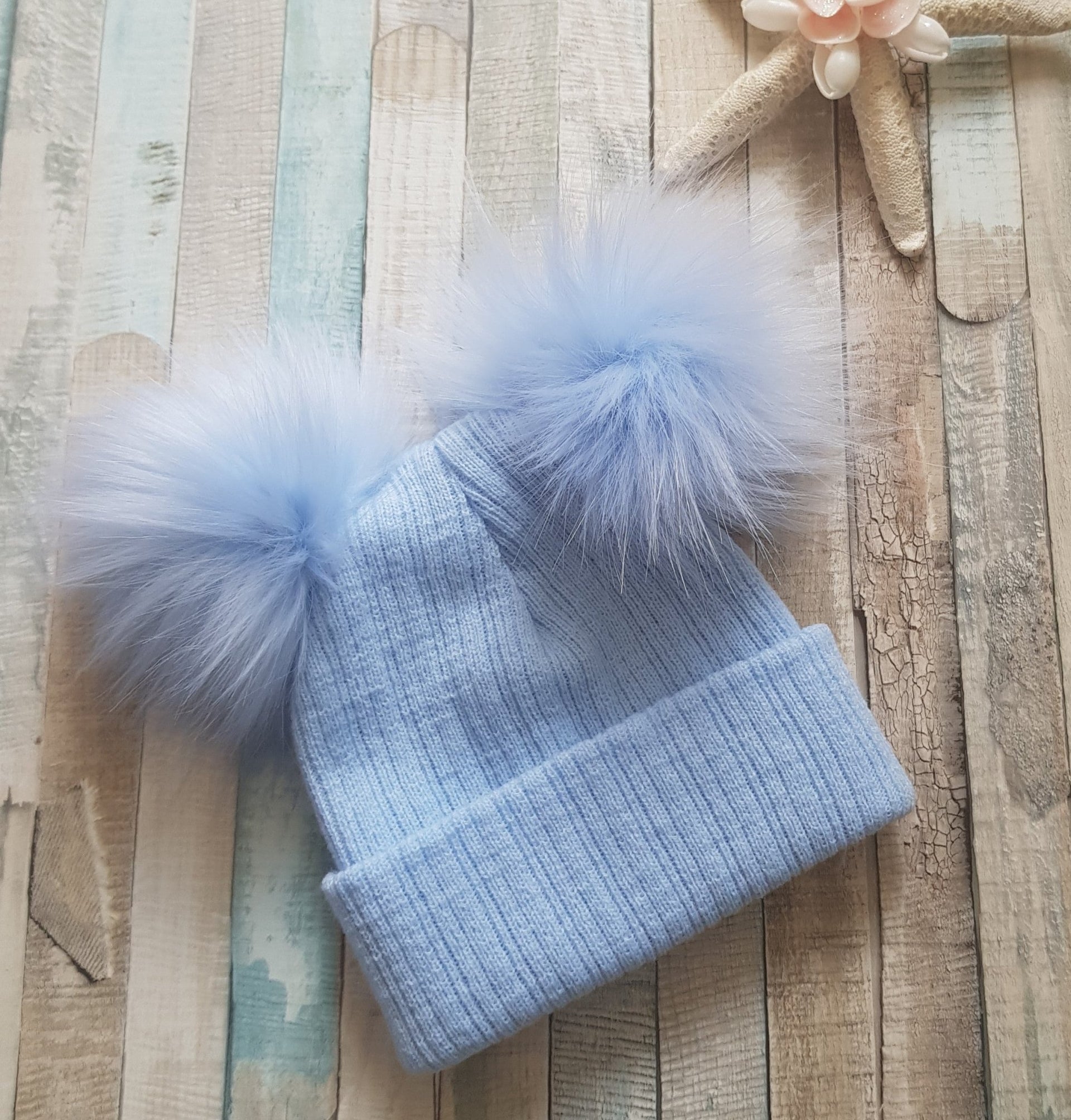Baby Double Blue Faux Fur Fluffy Pom Pom Knitted Blue Hat