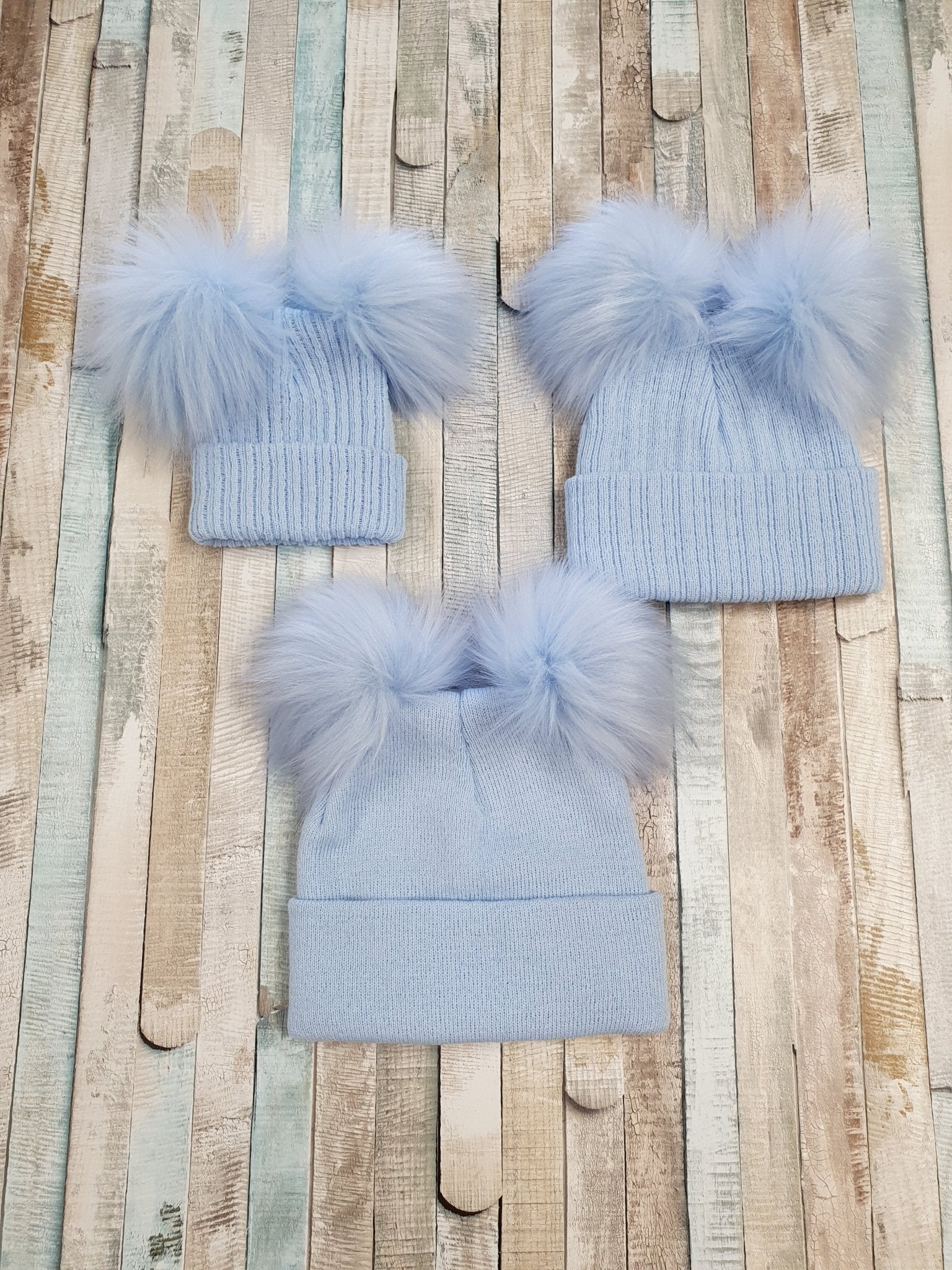 Double Blue Faux Fur Fluffy Pom Pom Knitted Blue Hat - Nana B Baby & Childrenswear Boutique