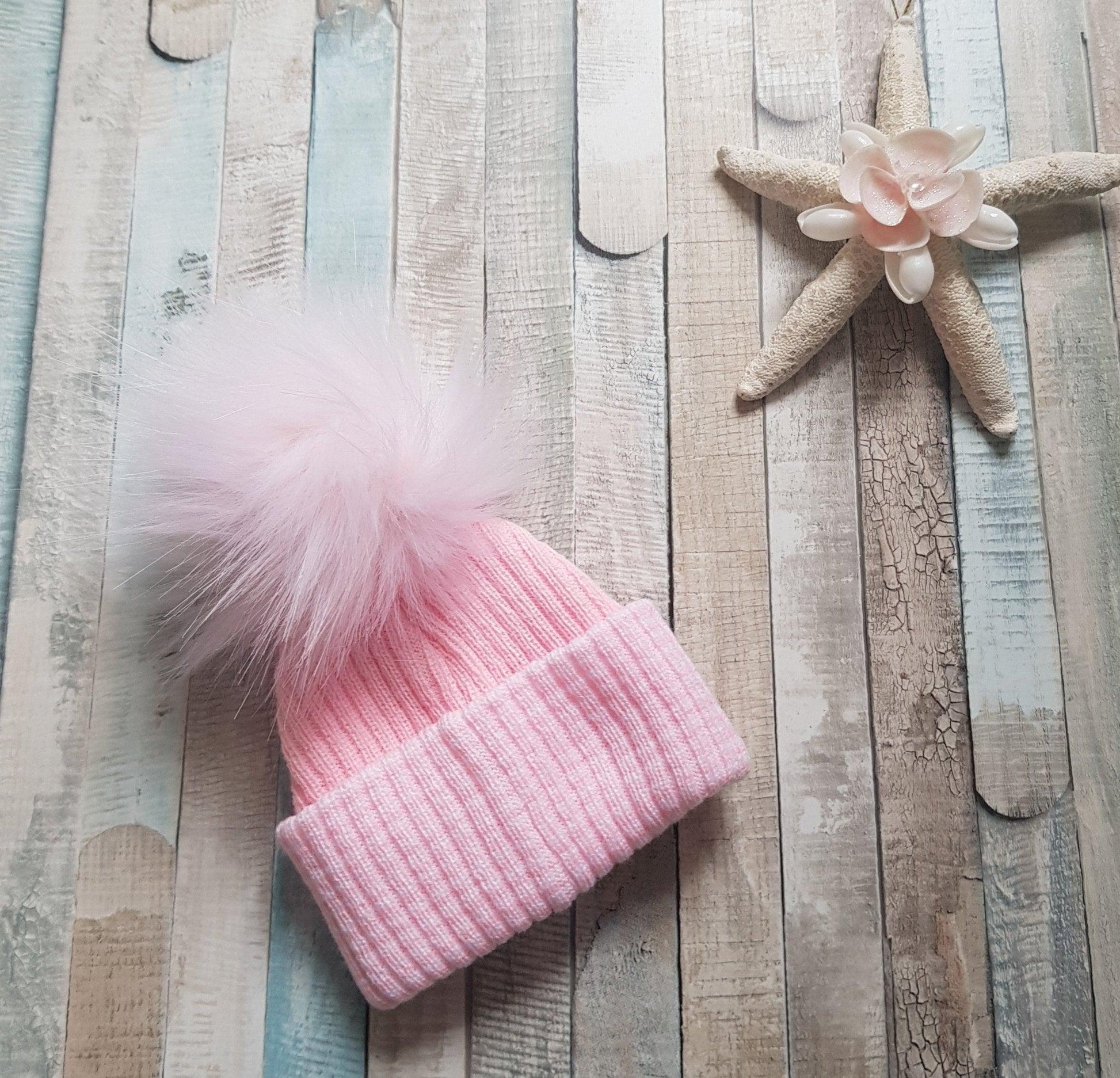 First Size Ribbed Fluffy Faux Fur Baby Pom Pom Hat - Nana B Baby & Childrenswear Boutique