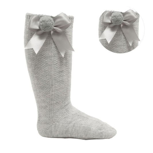 Grey Knee Length Socks With Pom Pom & Bow - Nana B Baby & Childrenswear Boutique