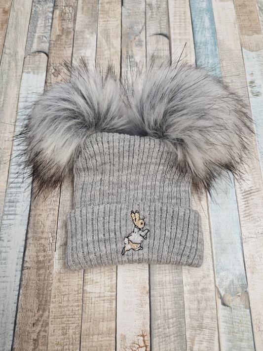 Grey Knitted Double Grey Pom Hat With A Grey Rabbit - Nana B Baby & Childrenswear Boutique