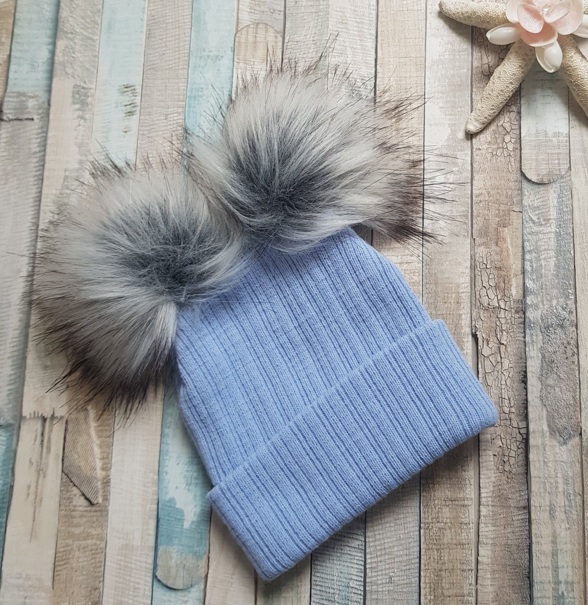 Baby Knitted Blue Double Fluffy Grey Faux Fur Pom Pom Hat