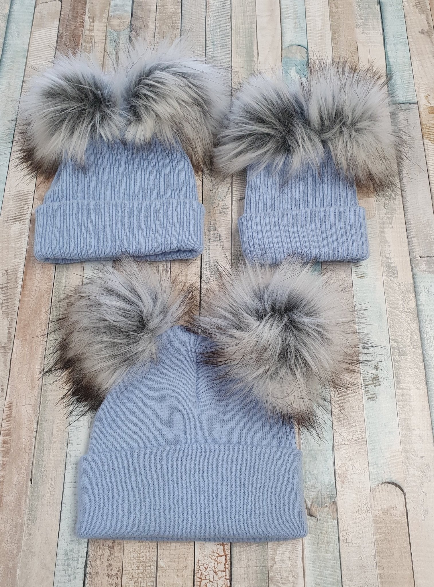 Knitted Blue Double Fluffy Grey Faux Fur Pom Pom Hat - Nana B Baby & Childrenswear Boutique