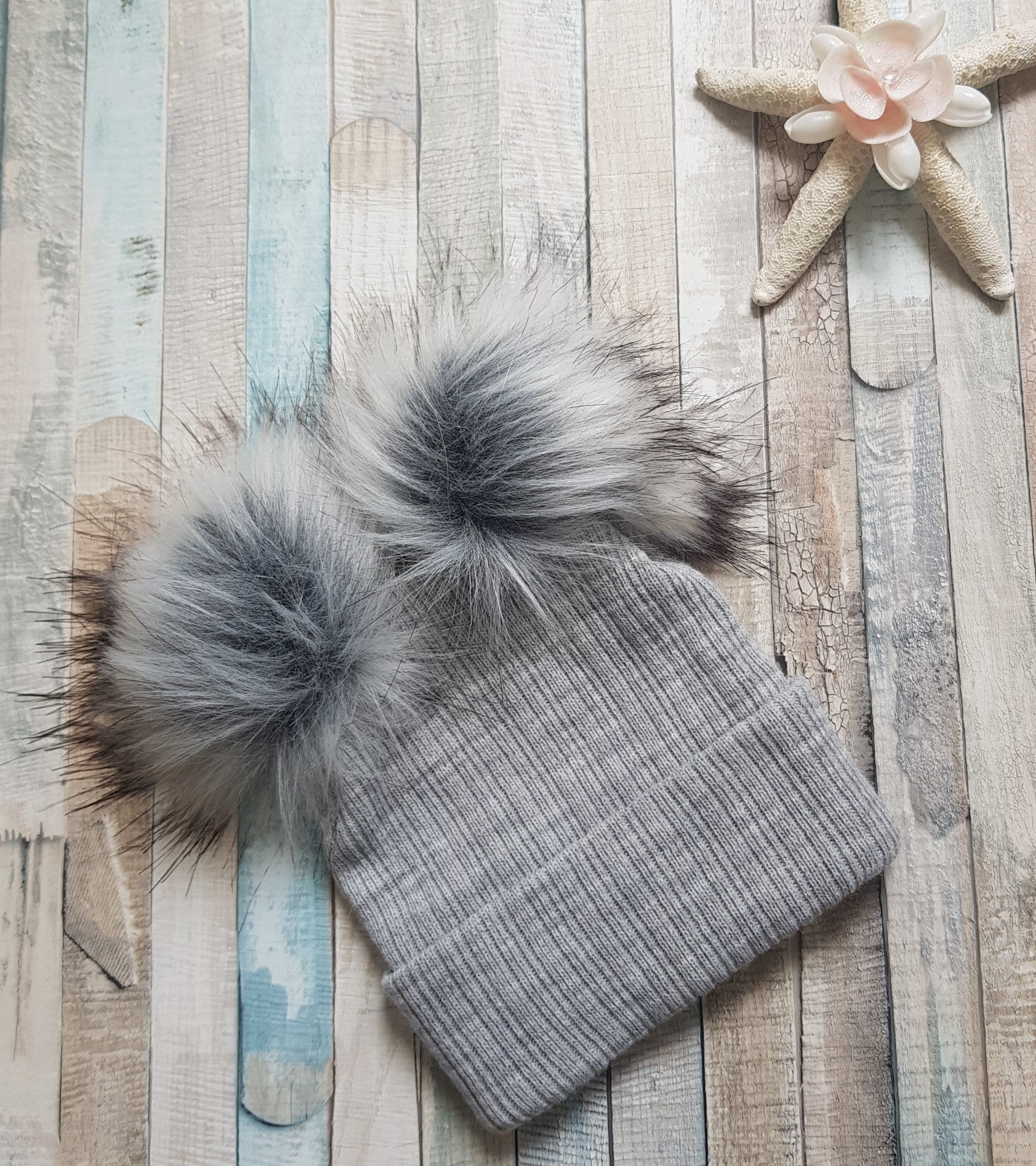 Knitted Grey Double Fluffy Faux Fur Pom Pom Hat - Nana B Baby & Childrenswear Boutique
