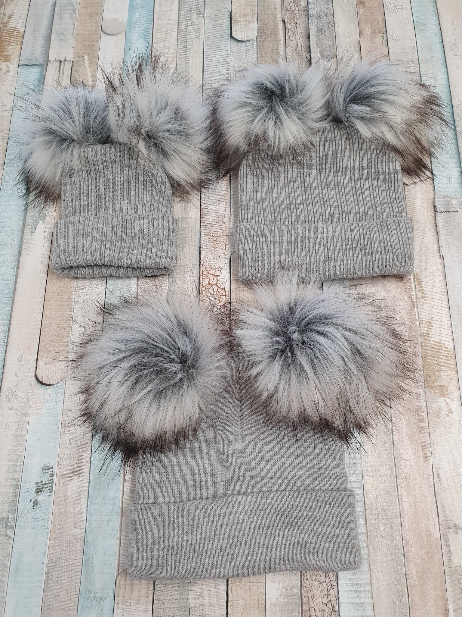 Knitted Grey Double Fluffy Faux Fur Pom Pom Hat - Nana B Baby & Childrenswear Boutique