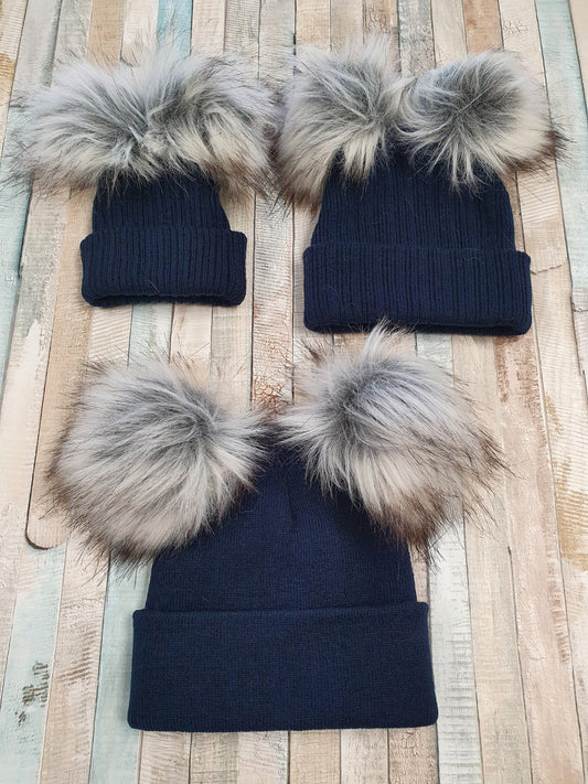 Knitted Navy Double Fluffy Faux Fur Pom Pom Hat - Nana B Baby & Childrenswear Boutique