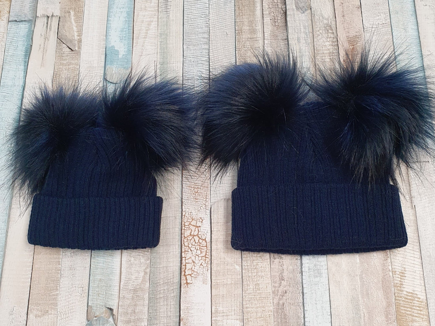 Knitted Navy Hat Double Navy Fluffy Faux Fur Pom's - Nana B Baby & Childrenswear Boutique