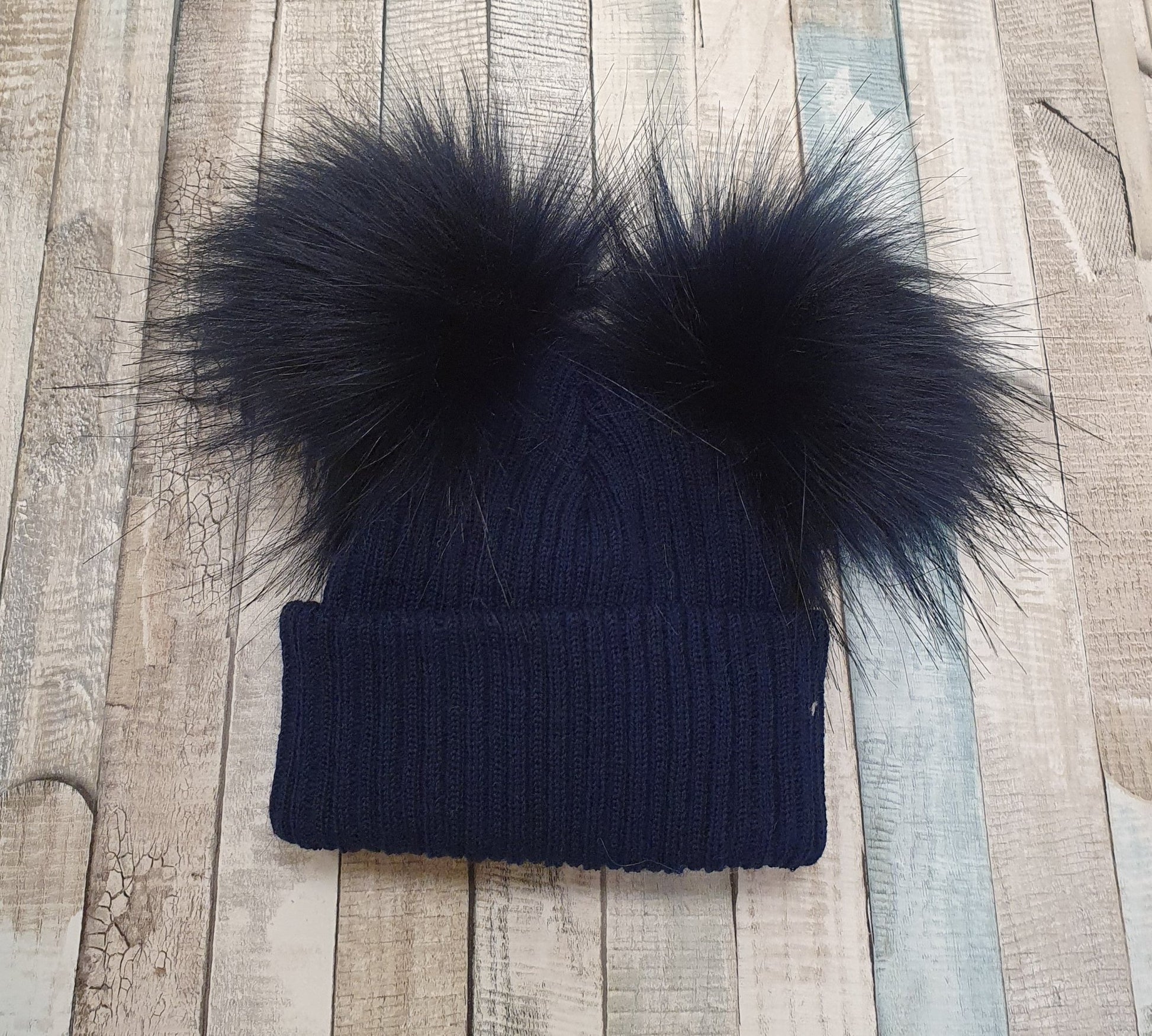 Knitted Navy Hat Double Navy Fluffy Faux Fur Pom's - Nana B Baby & Childrenswear Boutique