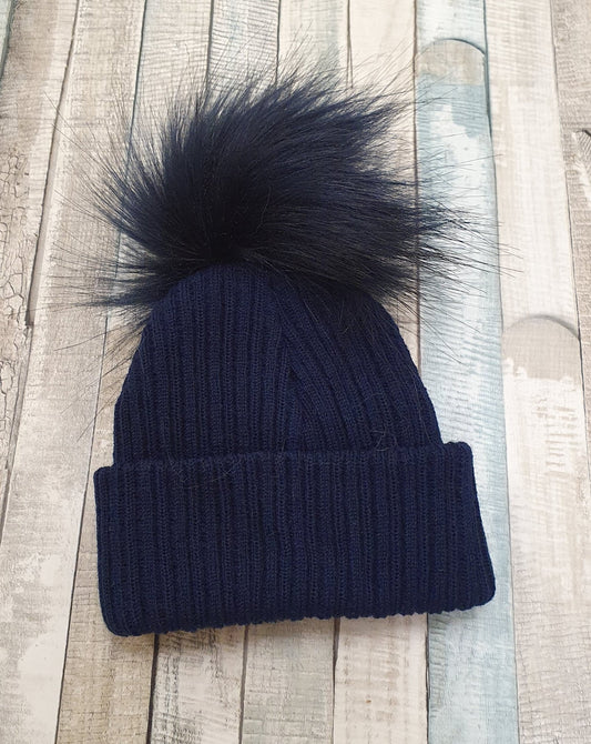Knitted Navy Single Navy Fluffy Faux Fur Pom Hat - Nana B Baby & Childrenswear Boutique