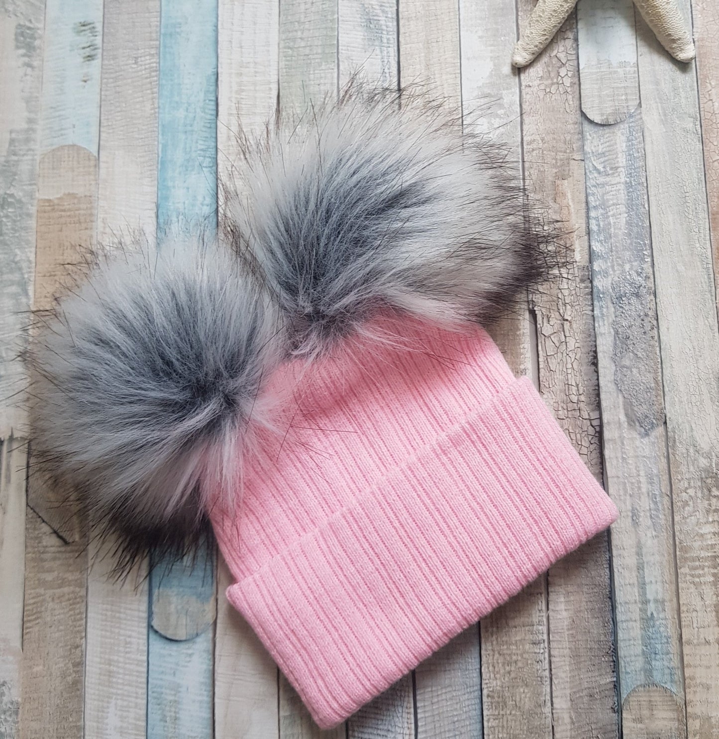 Knitted Pink Double Grey Fluffy Faux Fur Pom Pom Hat - Nana B Baby & Childrenswear Boutique