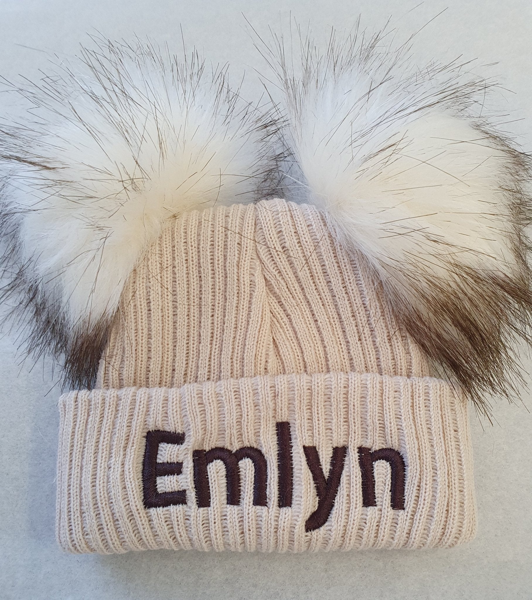 Personalised Beige Double Fluffy Faux Fur Pom Knitted Hat - Nana B Baby & Childrenswear Boutique