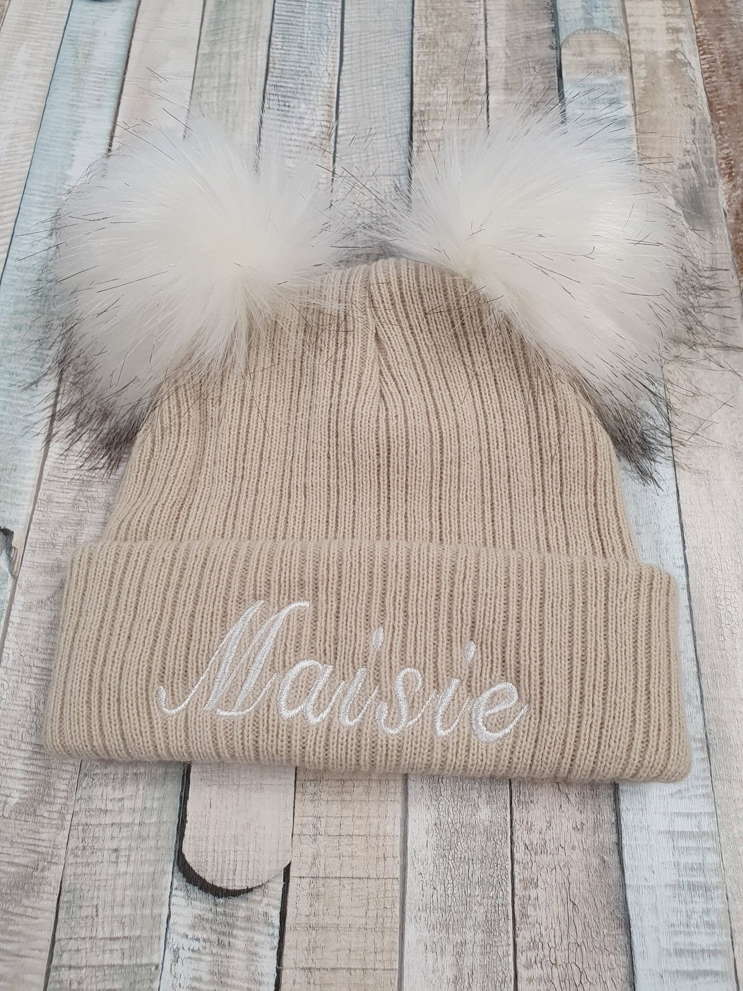 Personalised Beige Double Fluffy Faux Fur Pom Knitted Hat - Nana B Baby & Childrenswear Boutique