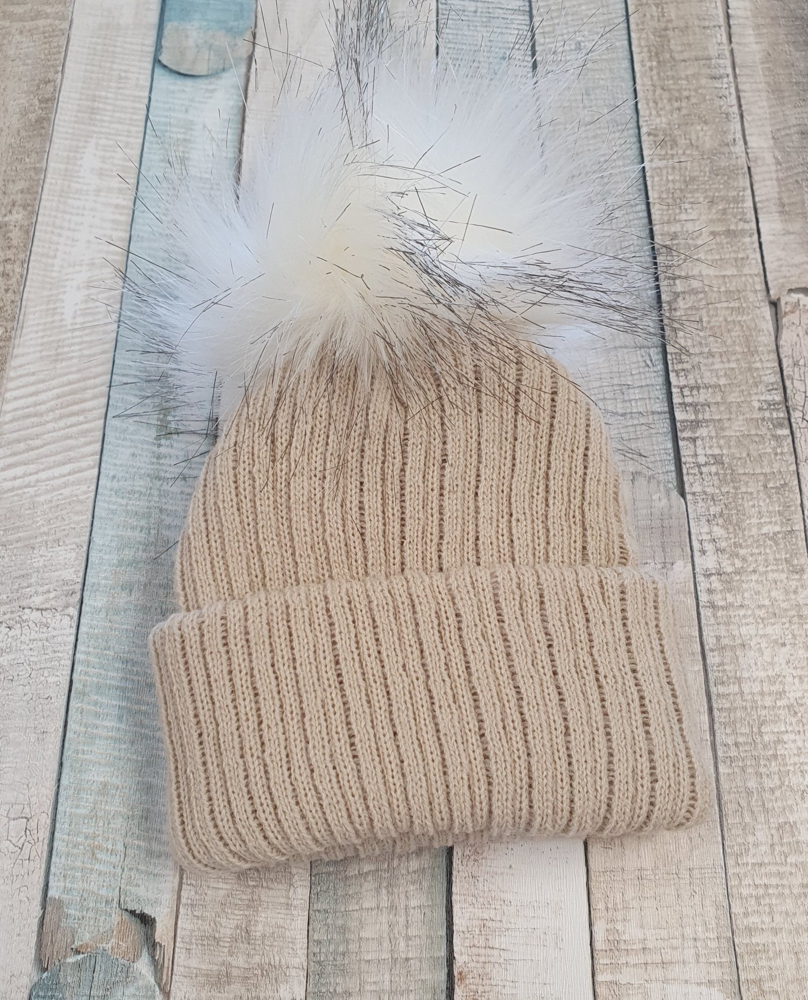 Personalised Beige Single Fluffy Faux Fur Pom Knitted Hat - Nana B Baby & Childrenswear Boutique