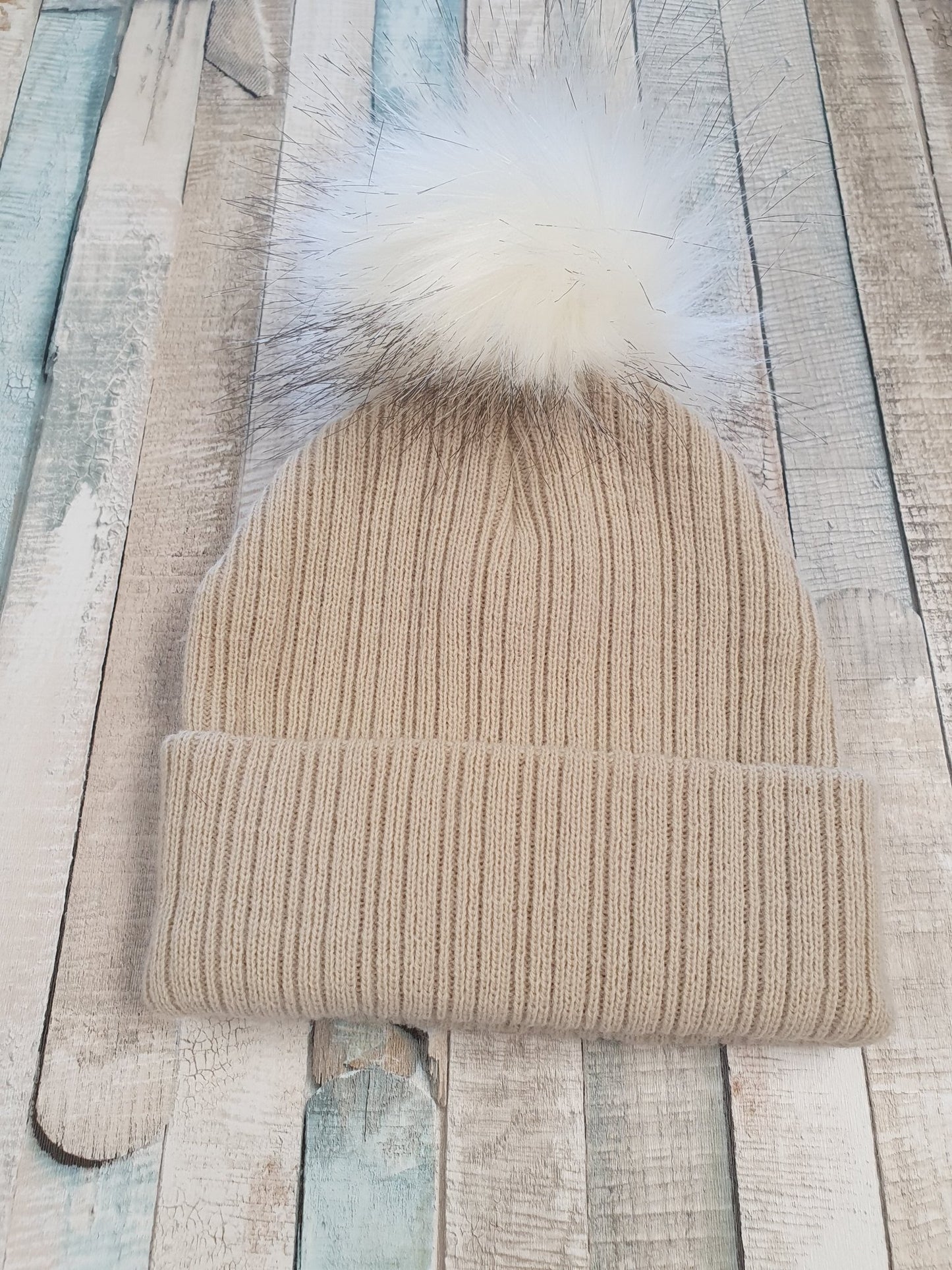 Personalised Beige Single Fluffy Faux Fur Pom Knitted Hat - Nana B Baby & Childrenswear Boutique