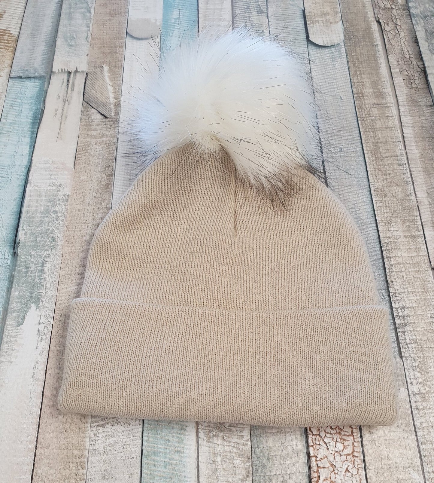 Personalised Beige Single Fluffy Faux Fur Pom Knitted Hat - Nana B Baby & Childrenswear Boutique