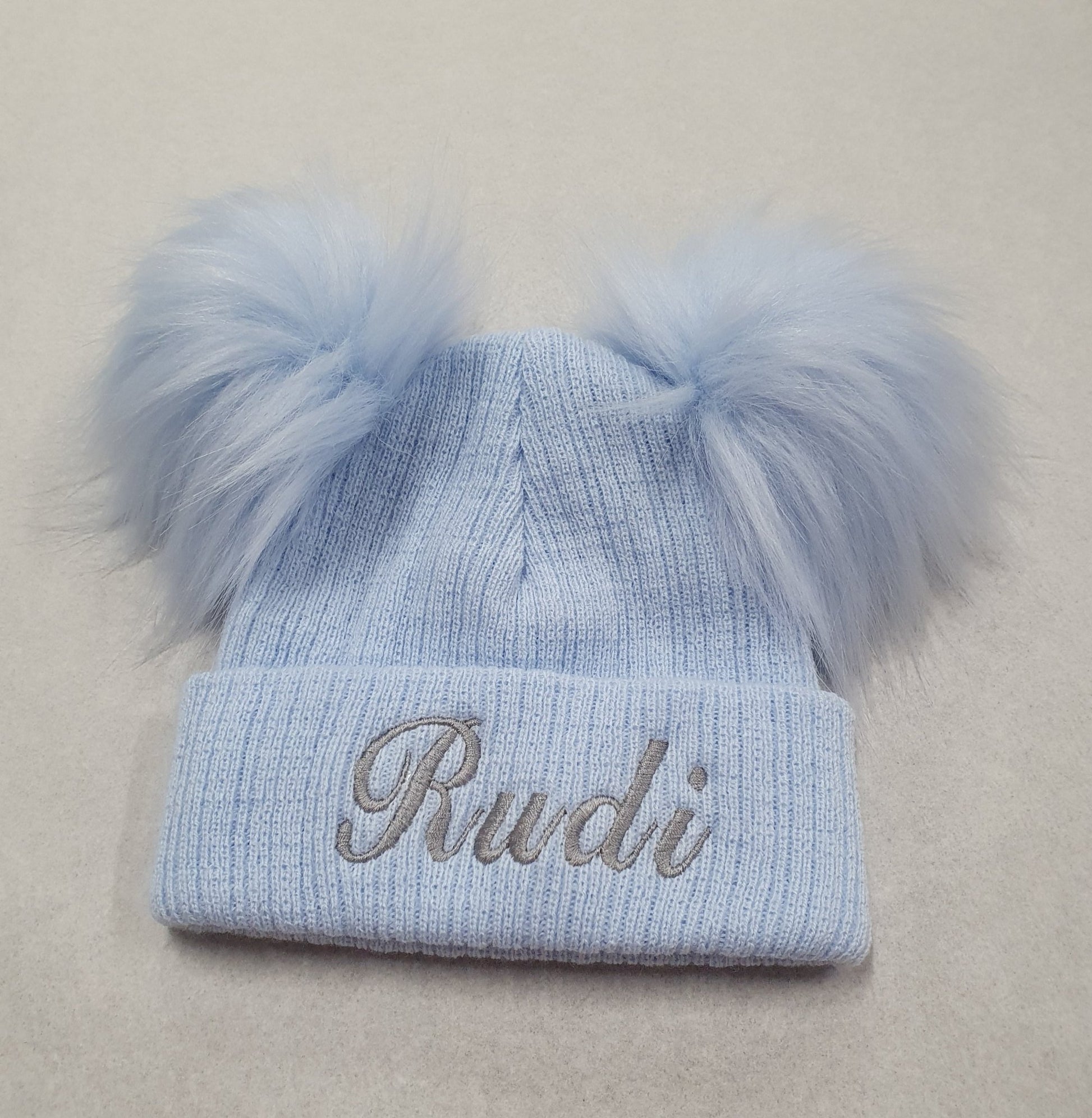 Personalised Blue Knitted Double Blue Fluffy Faux Fur Pom Hat - Nana B Baby & Childrenswear Boutique
