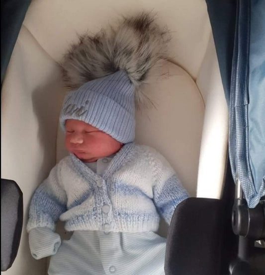 Personalised Blue Knitted Double Grey Fluffy Faux Fur Pom Hat - Nana B Baby & Childrenswear Boutique