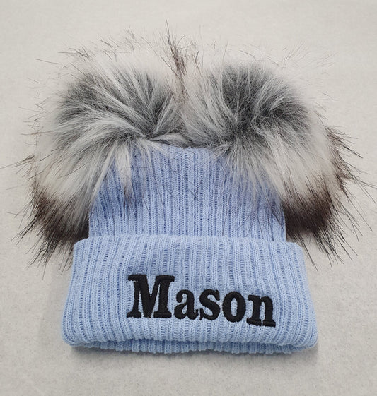 Personalised Blue Knitted Double Grey Fluffy Faux Fur Pom Hat - Nana B Baby & Childrenswear Boutique