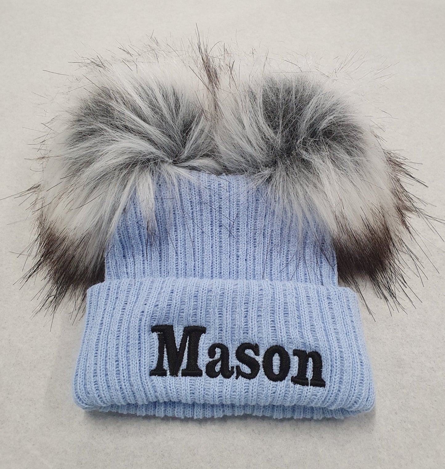 Personalised Blue Knitted Double Grey Fluffy Faux Fur Pom Hat - Nana B Baby & Childrenswear Boutique