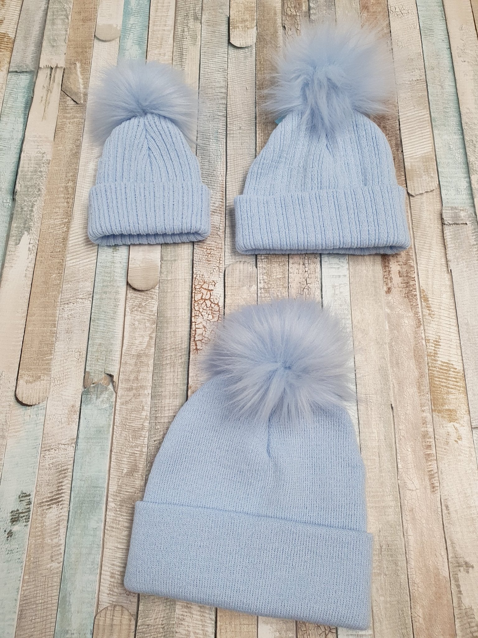 Personalised Blue Knitted Single Blue Fluffy Faux Fur Pom Hat - Nana B Baby & Childrenswear Boutique