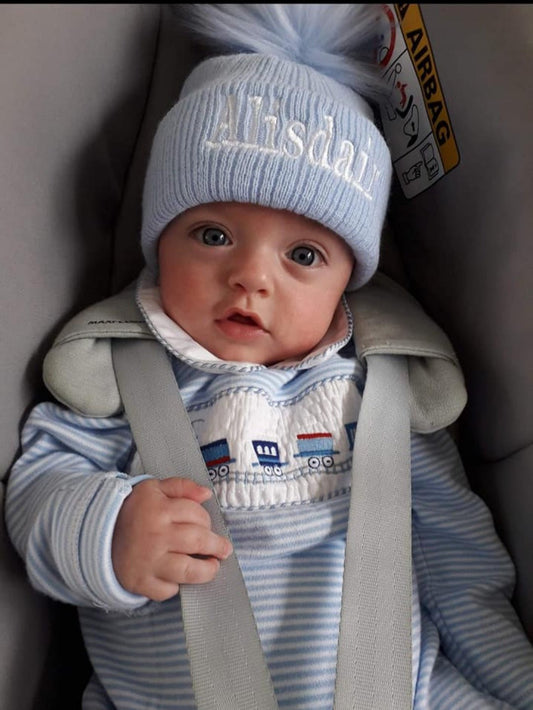 Personalised Blue Knitted Single Blue Fluffy Faux Fur Pom Hat - Nana B Baby & Childrenswear Boutique