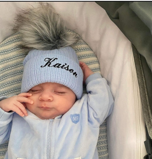 Personalised Blue Knitted Single Grey Fluffy Faux Fur Pom Hat - Nana B Baby & Childrenswear Boutique