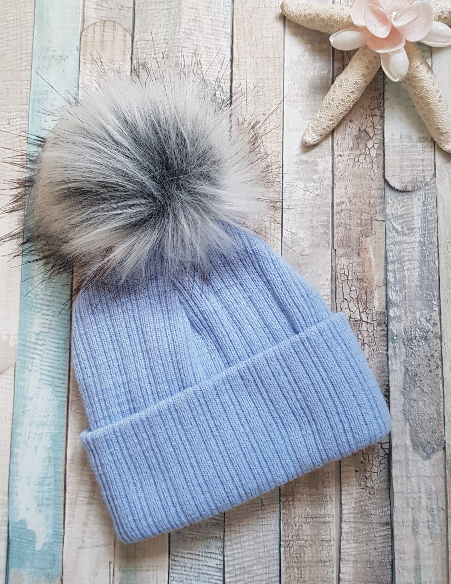 Personalised Blue Knitted Single Grey Fluffy Faux Fur Pom Hat - Nana B Baby & Childrenswear Boutique