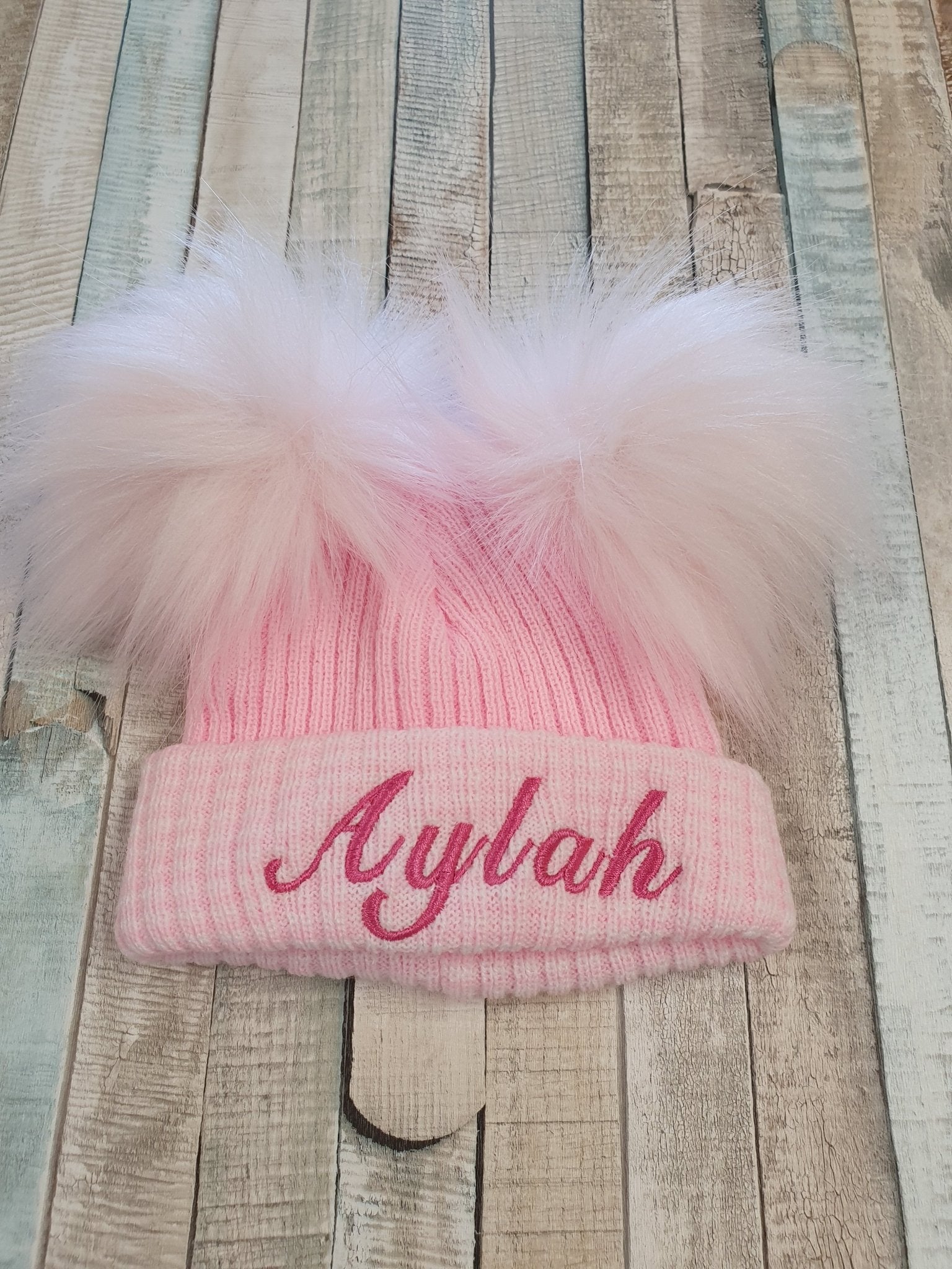Personalised First Size Ribbed Double Fluffy Faux Fur Pom Hats - Nana B Baby & Childrenswear Boutique