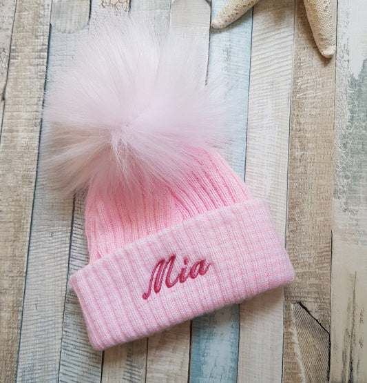 Personalised First Size Ribbed Single Fluffy Faux Fur Pom Hats - Nana B Baby & Childrenswear Boutique