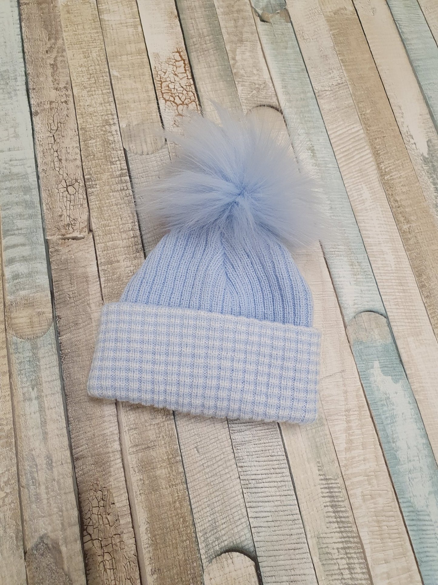 Personalised First Size Ribbed Single Fluffy Faux Fur Pom Hats - Nana B Baby & Childrenswear Boutique