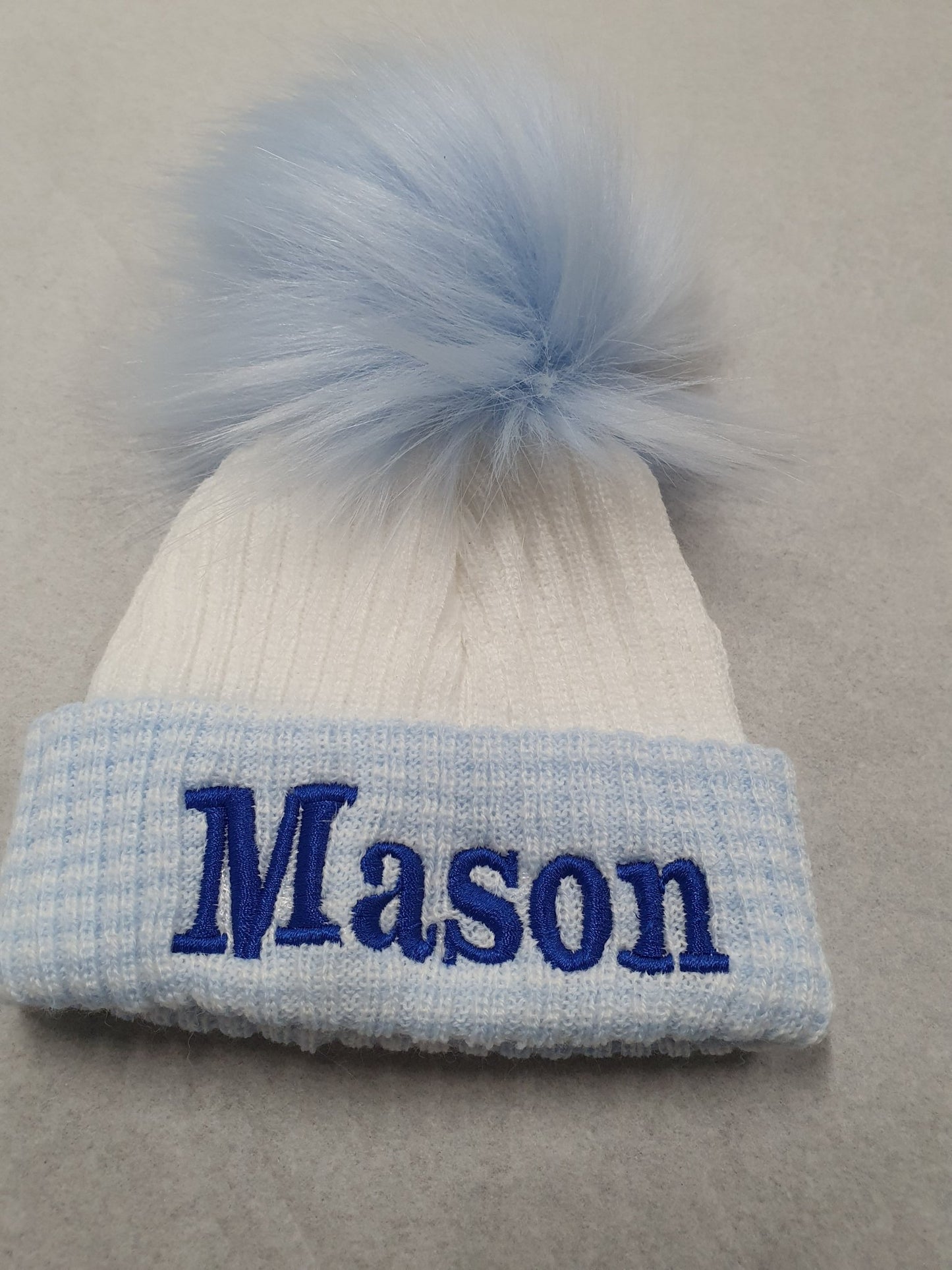 Personalised First Size Ribbed Single Fluffy Faux Fur Pom Hats - Nana B Baby & Childrenswear Boutique