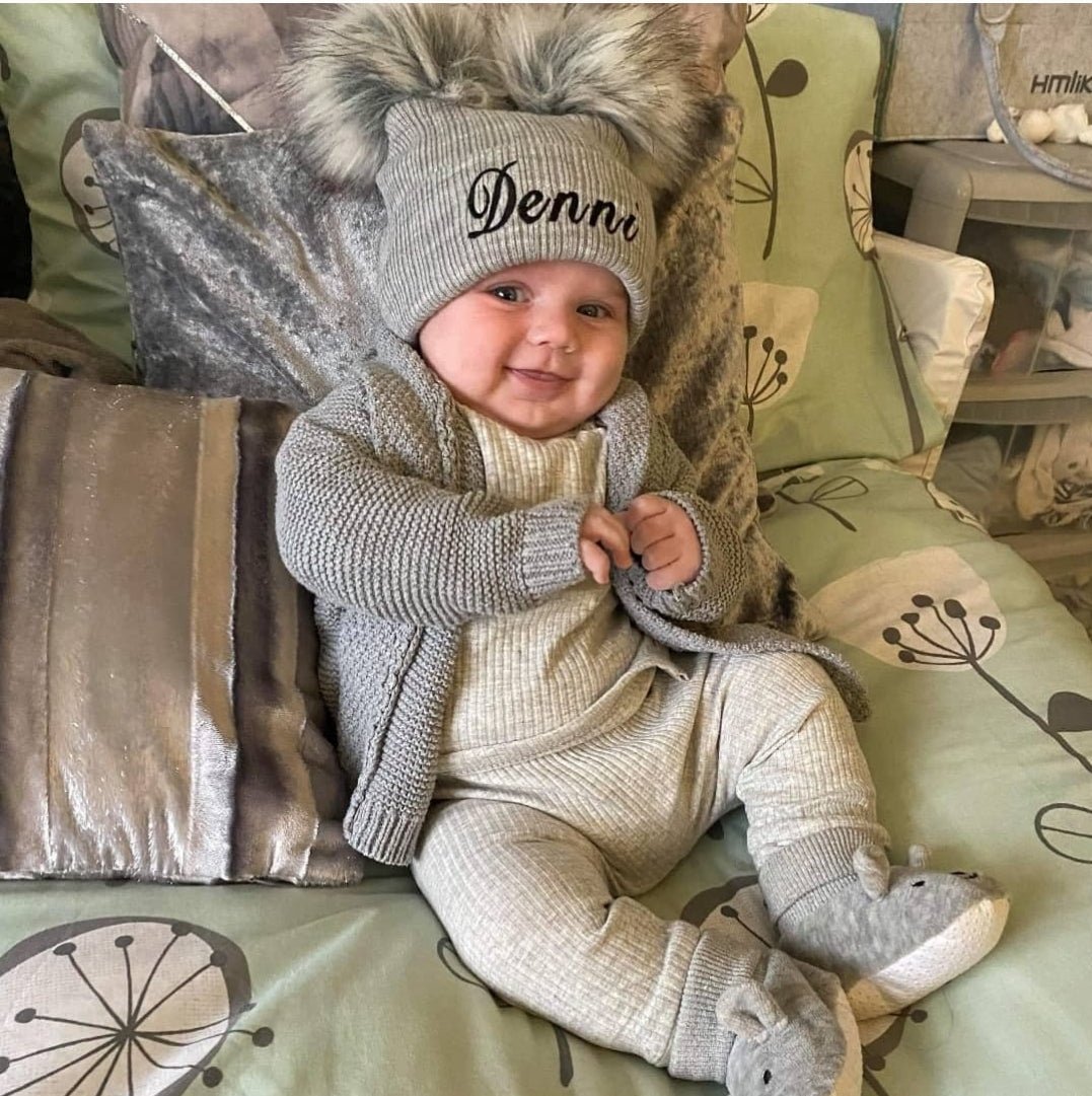 Personalised Grey Knitted Double Fluffy Faux Fur Pom Hat - Nana B Baby & Childrenswear Boutique