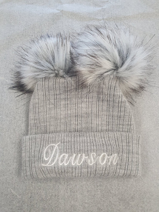 Personalised Grey Knitted Double Fluffy Faux Fur Pom Hat - Nana B Baby & Childrenswear Boutique