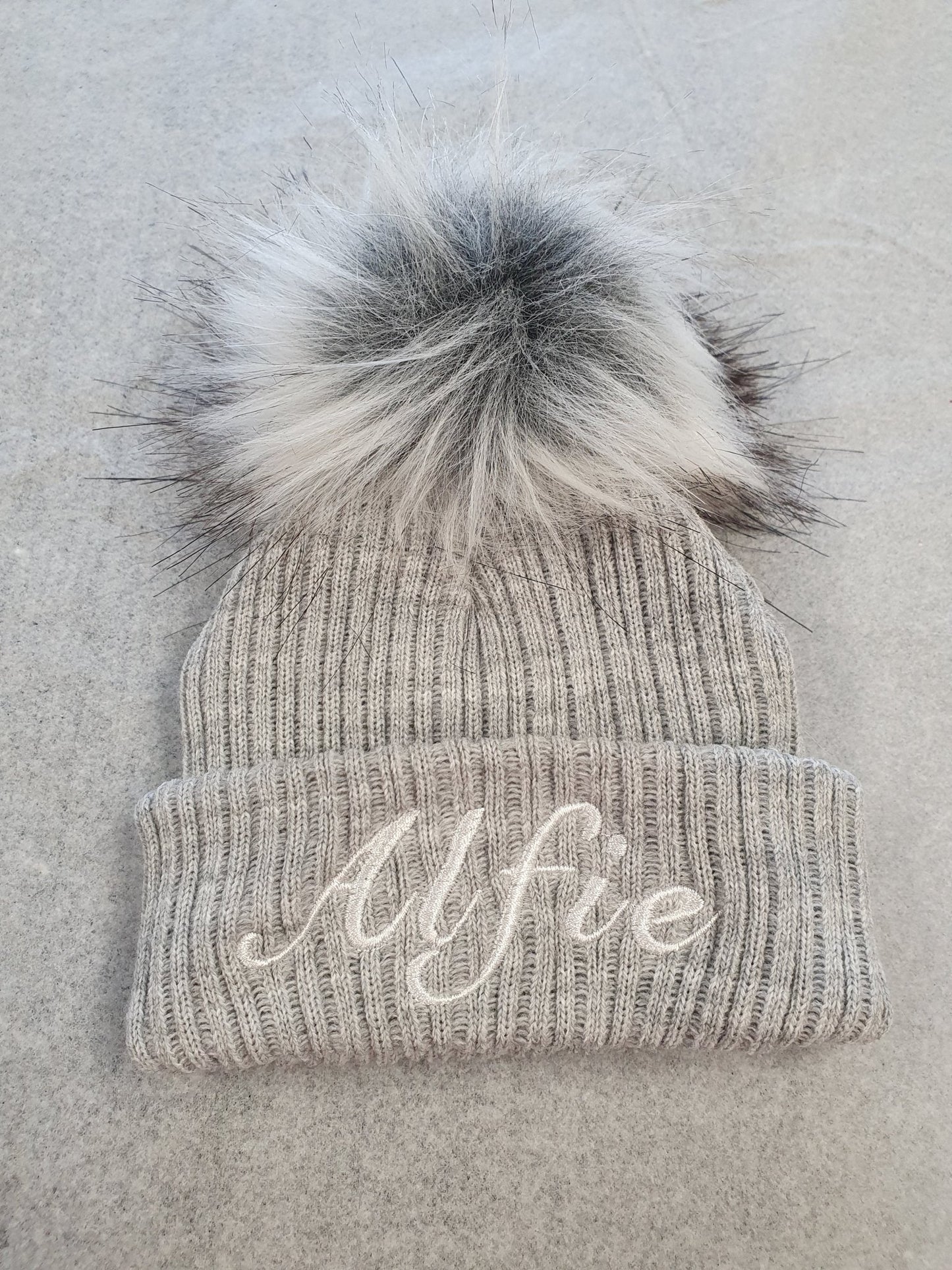 Personalised Grey Knitted Single Fluffy Faux Fur Pom Hat - Nana B Baby & Childrenswear Boutique