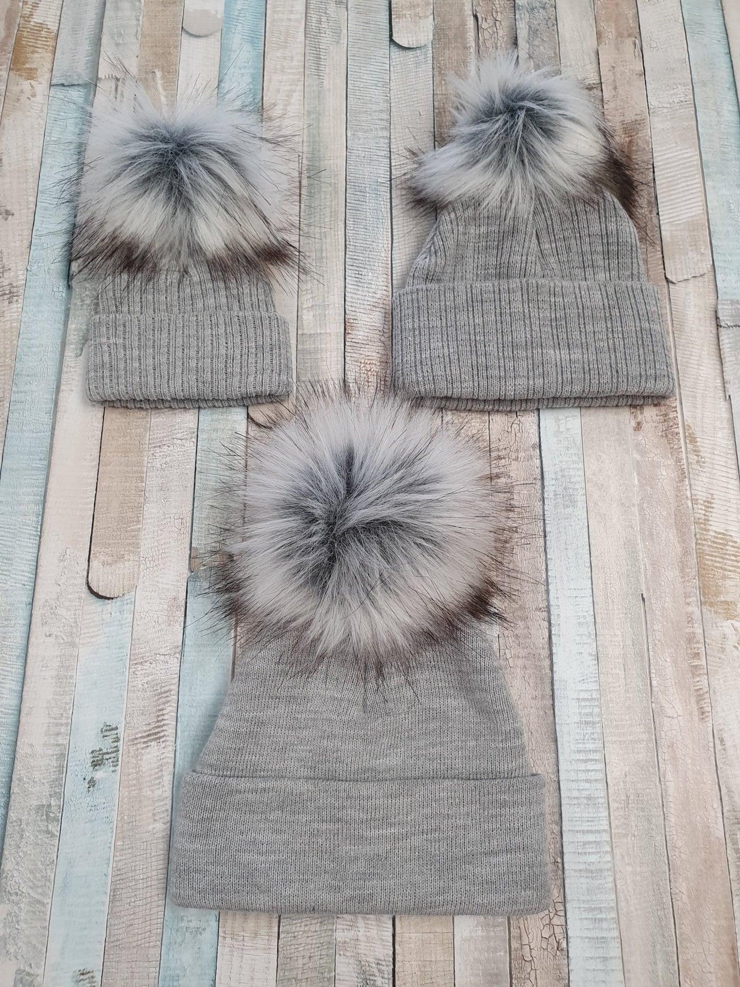 Personalised Grey Knitted Single Fluffy Faux Fur Pom Hat - Nana B Baby & Childrenswear Boutique