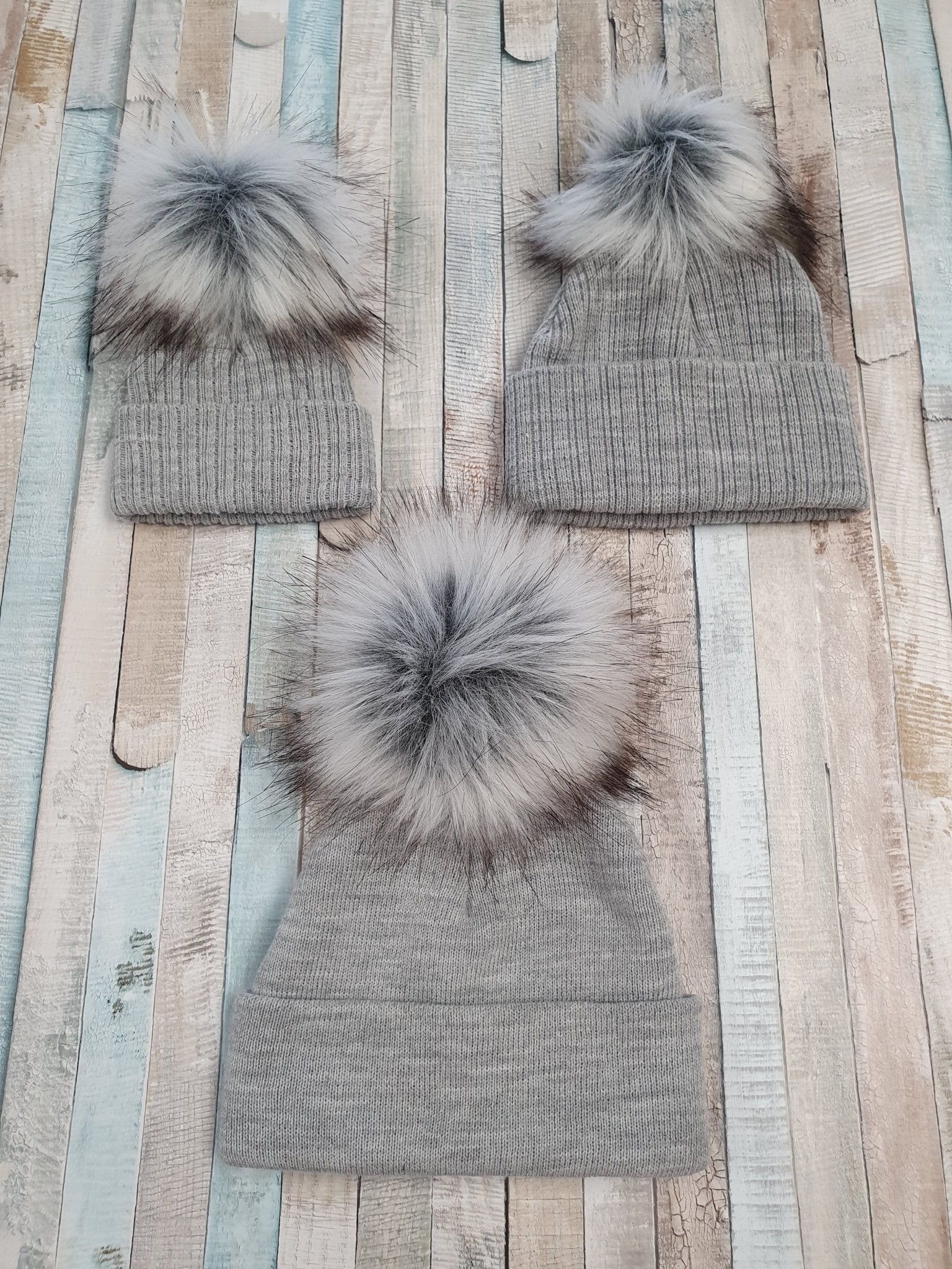 Personalised Grey Knitted Single Fluffy Faux Fur Pom Hat - Nana B Baby & Childrenswear Boutique