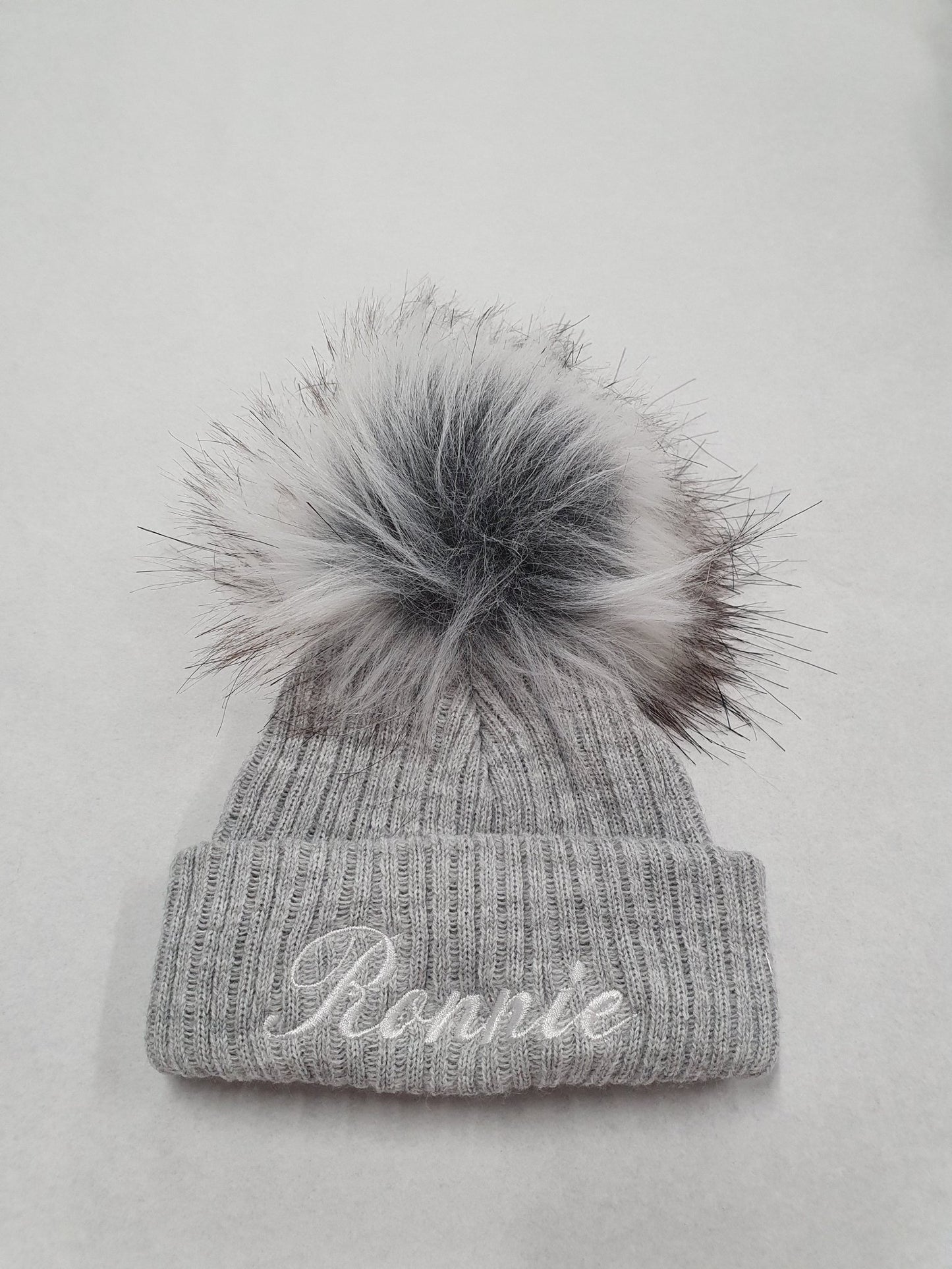 Personalised Grey Knitted Single Fluffy Faux Fur Pom Hat - Nana B Baby & Childrenswear Boutique