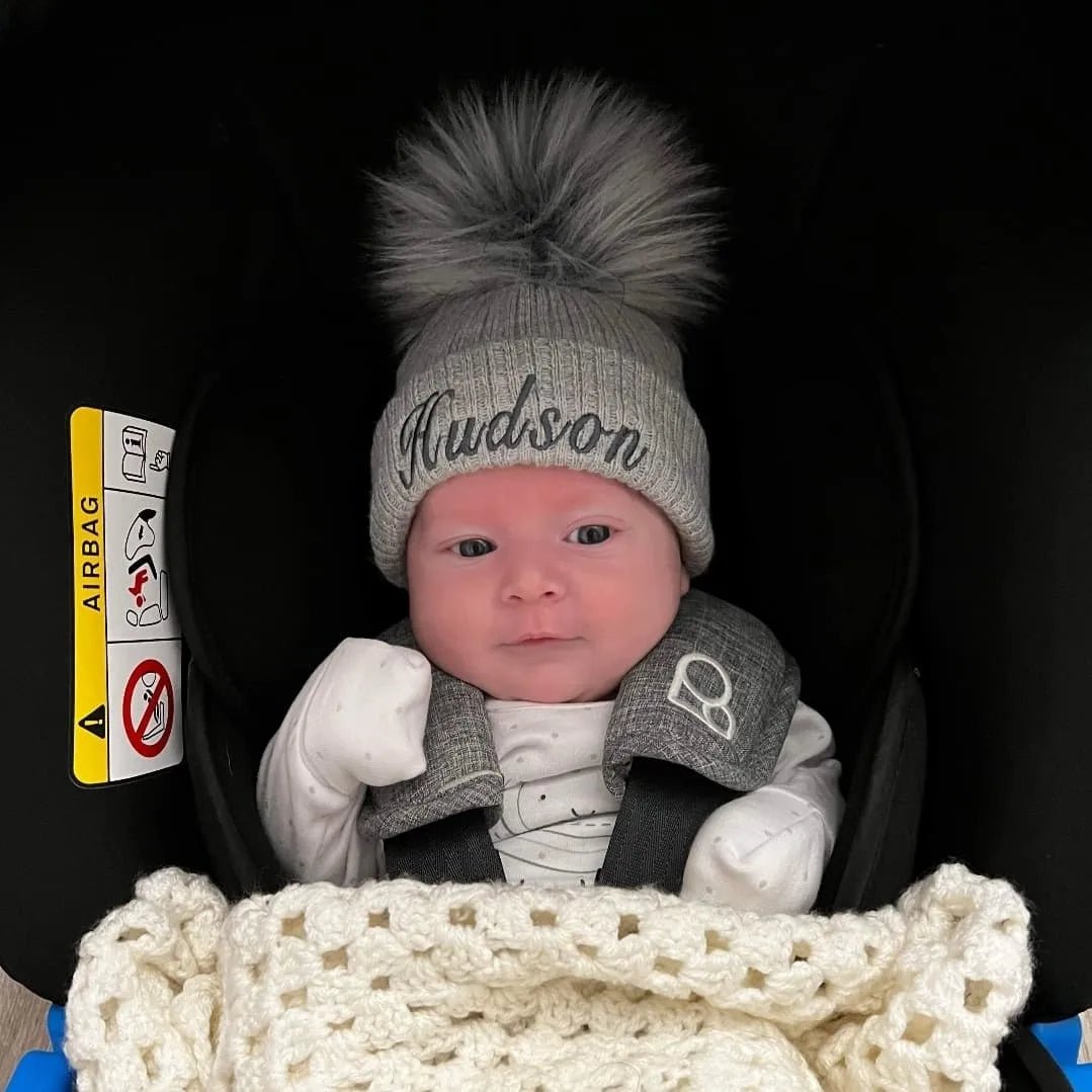 Personalised Grey Knitted Single Fluffy Faux Fur Pom Hat - Nana B Baby & Childrenswear Boutique