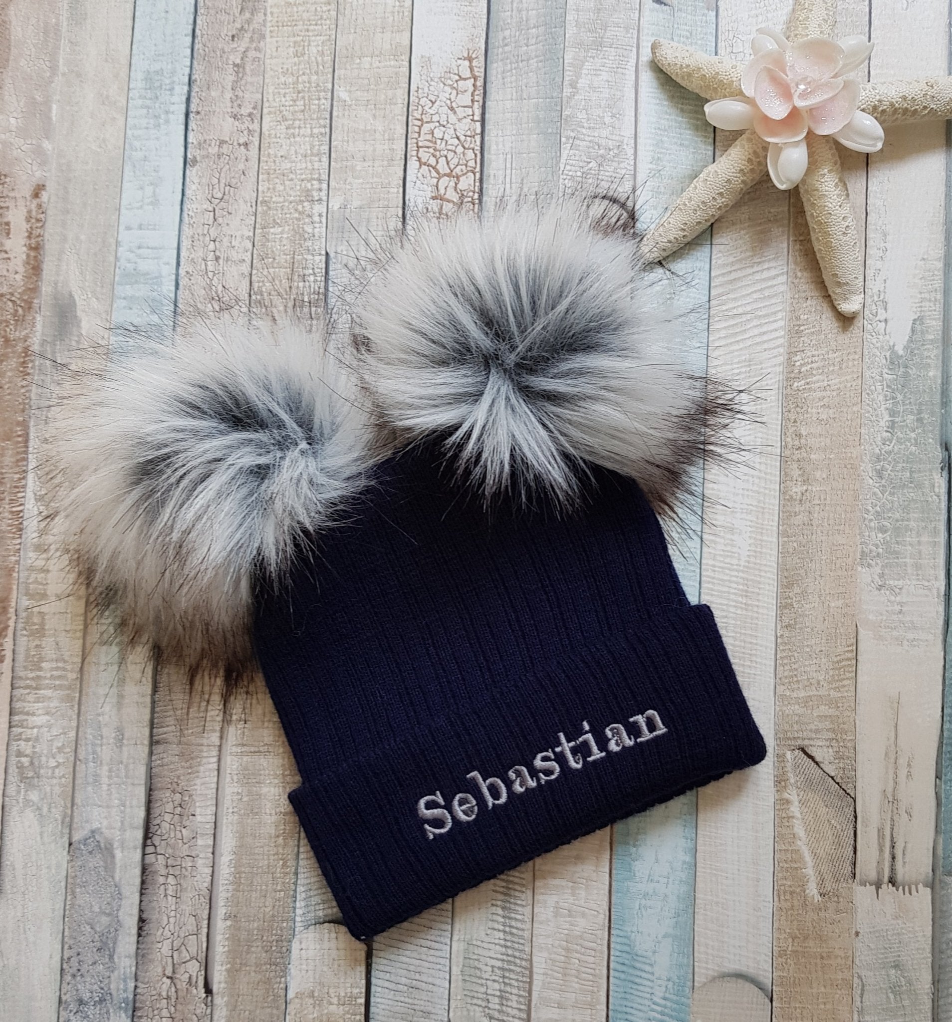 Personalised Navy Knitted Double Grey Fluffy Faux Fur Pom Hat - Nana B Baby & Childrenswear Boutique