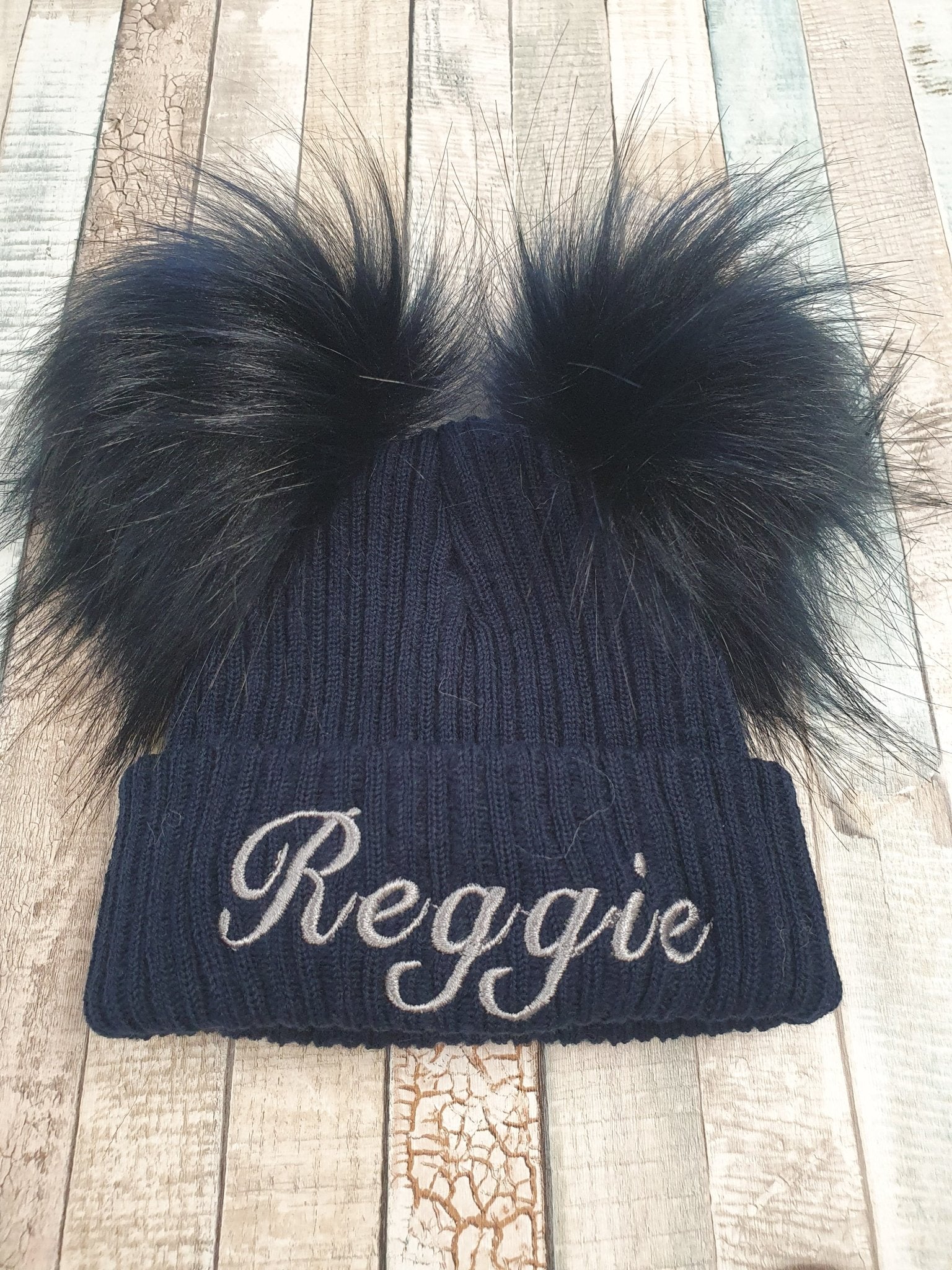 Personalised Navy Knitted Double Navy Fluffy Faux Fur Pom Hat - Nana B Baby & Childrenswear Boutique